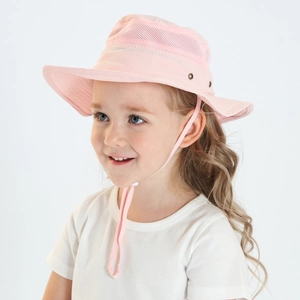 Close-up of pink sun hat featuring breathable mesh panels and adjustable windproof cord