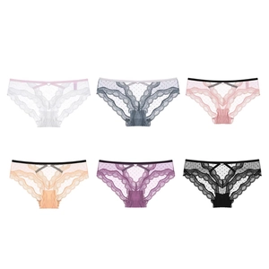 Lace low waist panties set with polka dot mesh in white, blue, pink, and black colors