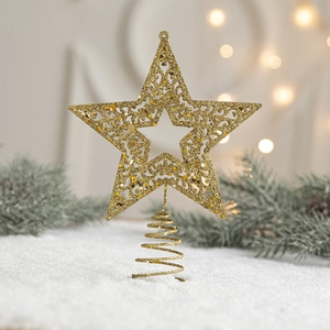 Glittering gold hollow star Christmas tree topper with spiral base in festive snow scene