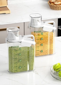 Dual-scale airtight grain storage container with transparent measurement cup lid