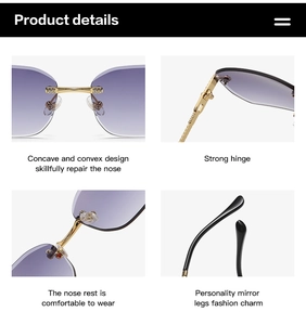 Detailed views of rimless purple sunglasses with gold hinges and comfort nose pads