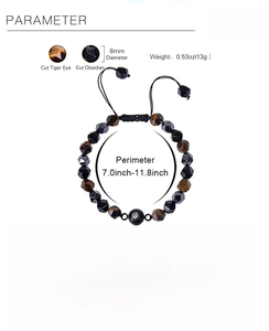 Detailed size chart of 8mm tiger eye bead bracelet with 18-30cm adjustable woven cord