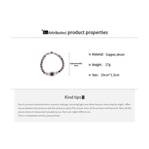 Detail view of flower-shaped purple zircon bracelet with silver copper finish and dimensions