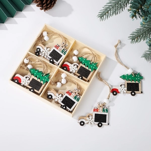 Wooden Christmas tree truck ornaments set in a rustic storage box with pine cones