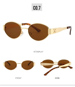 Three views showing oval metal sunglasses with gold frame and Triomphe logo on temple