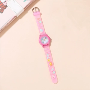 Detail of pink semi-transparent silicone strap with colorful butterflies and flowers