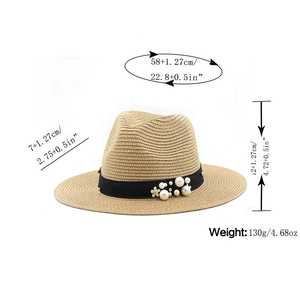 Detailed size specifications for khaki straw fedora hat with pearl ribbon and dimensions