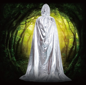 Close-up of shiny silver metallic hooded cloak with reflective fabric for costume