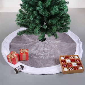 Christmas Tree Skirt Grey Plush White Faux Fur Border Embroidered Letter Holiday Home Decoration Mat Soft Elegant