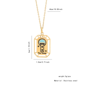 Detail of The Tower tarot pendant with precise measurements in stainless steel