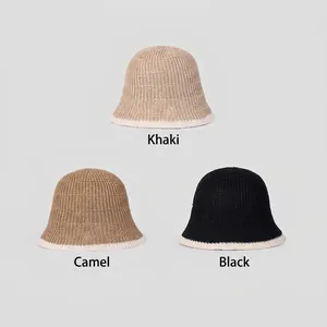 Breathable knitted bucket hats in khaki, camel, and black with elegant contrast stripes