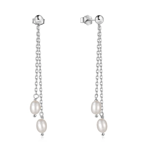 Detail of 925 sterling silver tassel earrings with baroque pearls on a clean white backdrop