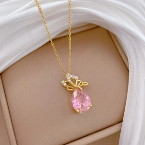 Pink teardrop crystal butterfly pendant necklace in gold-plated stainless steel for women