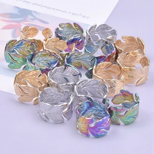 Leaf shaped stainless steel adjustable rings in gold silver and colorful finishes