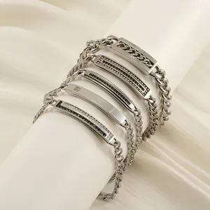 Bracciale Catena Cubana Acciaio Inossidabile Strass Piastra ID Hip Hop Gioielli Moda Unisexe