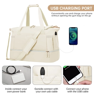 Detail of exterior USB charging port on a beige fitness travel bag with golden hardware