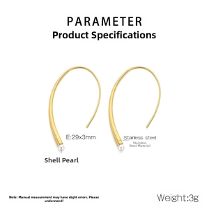 Minimalist stainless steel long hook earrings with shell pearl and size specifications
