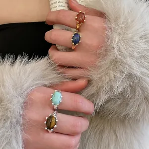 Gold plated oval stone open rings featuring lapis lazuli and turquoise in vintage style