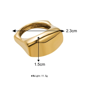 Detail shot of chunky gold geometry ring showing dimensions 2.3cm width and 11.5g weight