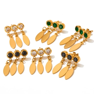 Gold-plated drop earrings set with three round gemstones and leaf-shaped metal pendants