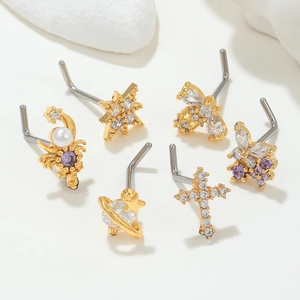 6pcs gold stainless steel nose studs with star, butterfly, and pearl zircon accents