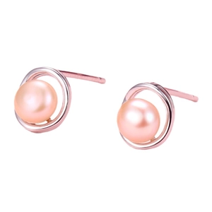 Elegant 925 silver rose gold hollow round stud earrings with pink freshwater pearls