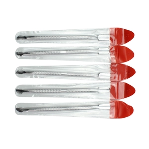 Five stainless steel cuticle pushers in individual plastic bags with red seals