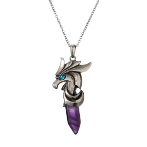 Collana con ciondolo testa di drago retrò con occhi di gemma blu e punta in cristallo viola