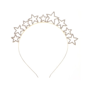 Macro detail of luxury gold headband featuring sparkling zircon stars and leaf motifs