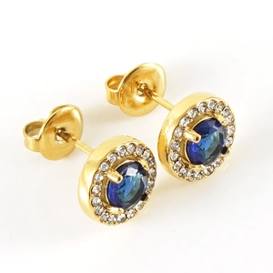 Pair of 18K gold stainless steel stud earrings with navy blue stones and zircon accents