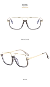 Detail view of square pilot glasses frame in transparent grey with gold metal bridge