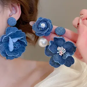 Retro denim blue fabric flower earrings with pearls and silver needles for women