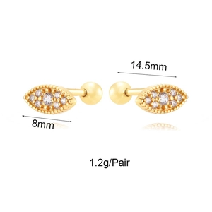 Detail of gold evil eye stud earrings with cubic zirconia and 14.5mm size markings