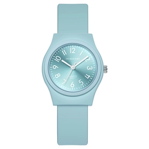 Front view of light blue quartz watch with silicone strap and white numerals on dial