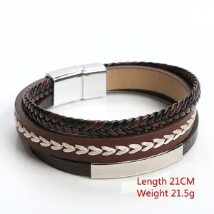 Handmade multilayer leather bracelet for men with woven cords and magnetic clasp