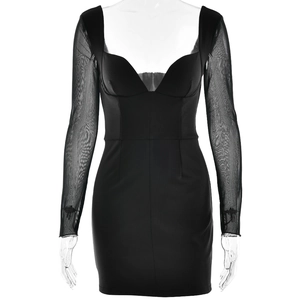 Sexy black bodycon mini dress with deep V-neck and sheer mesh long sleeves for women