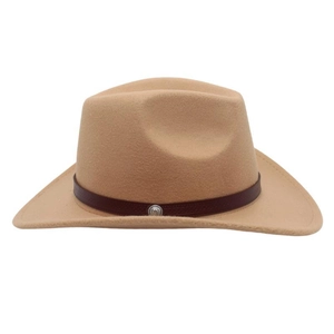 Detail of khaki wool felt cowboy hat with brown leather band and vintage metal buckle