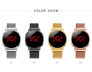 LED digital watch collection featuring four metallic colors and woven mesh straps