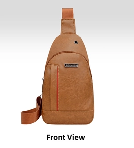 Front view of a brown faux leather chest bag with red zipper trim and headphone port