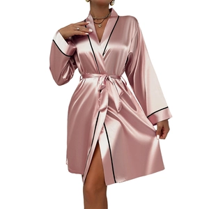 Pale pink silk satin bathrobe with black contrast piping and waist tie for women