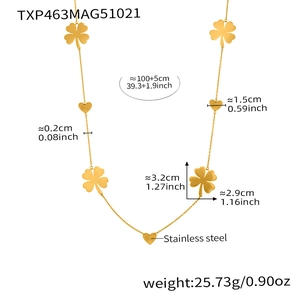 Technical dimensions of gold clover necklace with heart charms on stainless steel chain