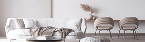 Close-up of linen heart pillow cases on a modern white sofa in a cozy minimalist living room