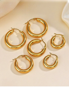Three pairs of polished 18K gold-plated stainless steel hoop earrings in varied sizes