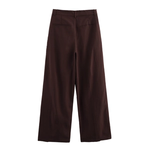 Women high waist pleated wide leg pants in deep coffee brown with back pocket design
