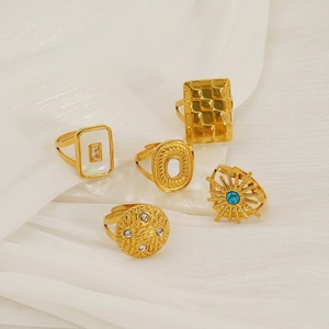 Vintage Geometric Adjustable Ring For Women 18k Gold Plated Stainless Steel With Zircon Turquoise Mother Of Artificial Pearl