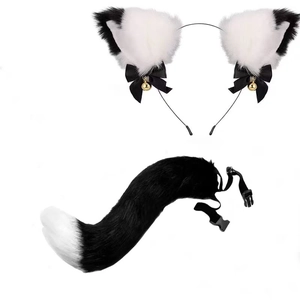 Detail of bionic cat ears headband and plush tail set with bells for cosplay