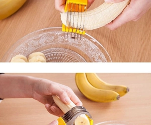 Action shot of yellow banana slicer cutting fruit into even rounds on a wooden table