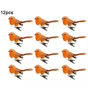 Set of 12 cute artificial feather robin bird ornaments with clips for Christmas tree