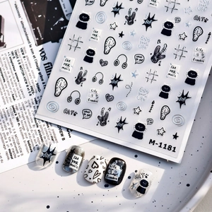 Cartoon style nail stickers M-1181 with black and white rock music and cat motifs