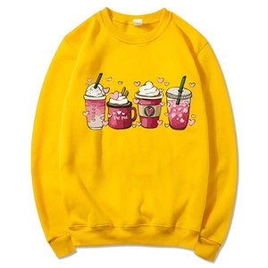 Detail of yellow sweatshirt featuring cartoon drink prints and true love text